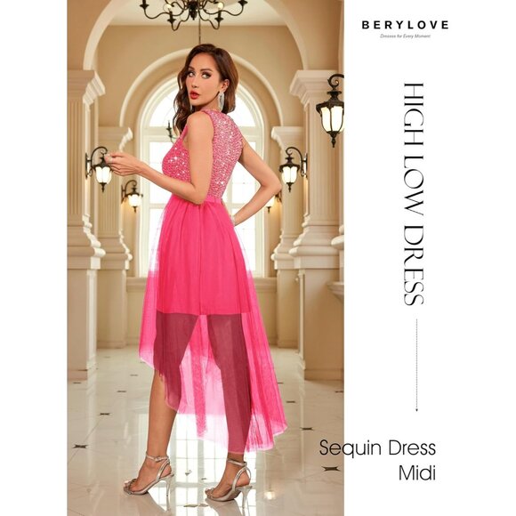 BeryLove Women Tulle Sequin Pink iChiffon Scoop Neck Sleeveless Cocktail Dresses - Picture 4 of 7